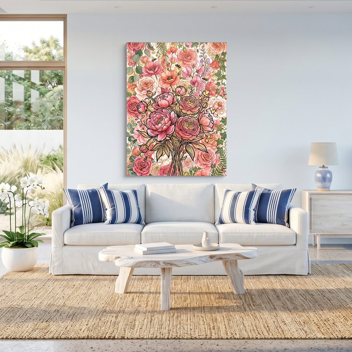Peony Ranunculus Bouquet — peony ranunculus bouquet sq beach house 1port flush print