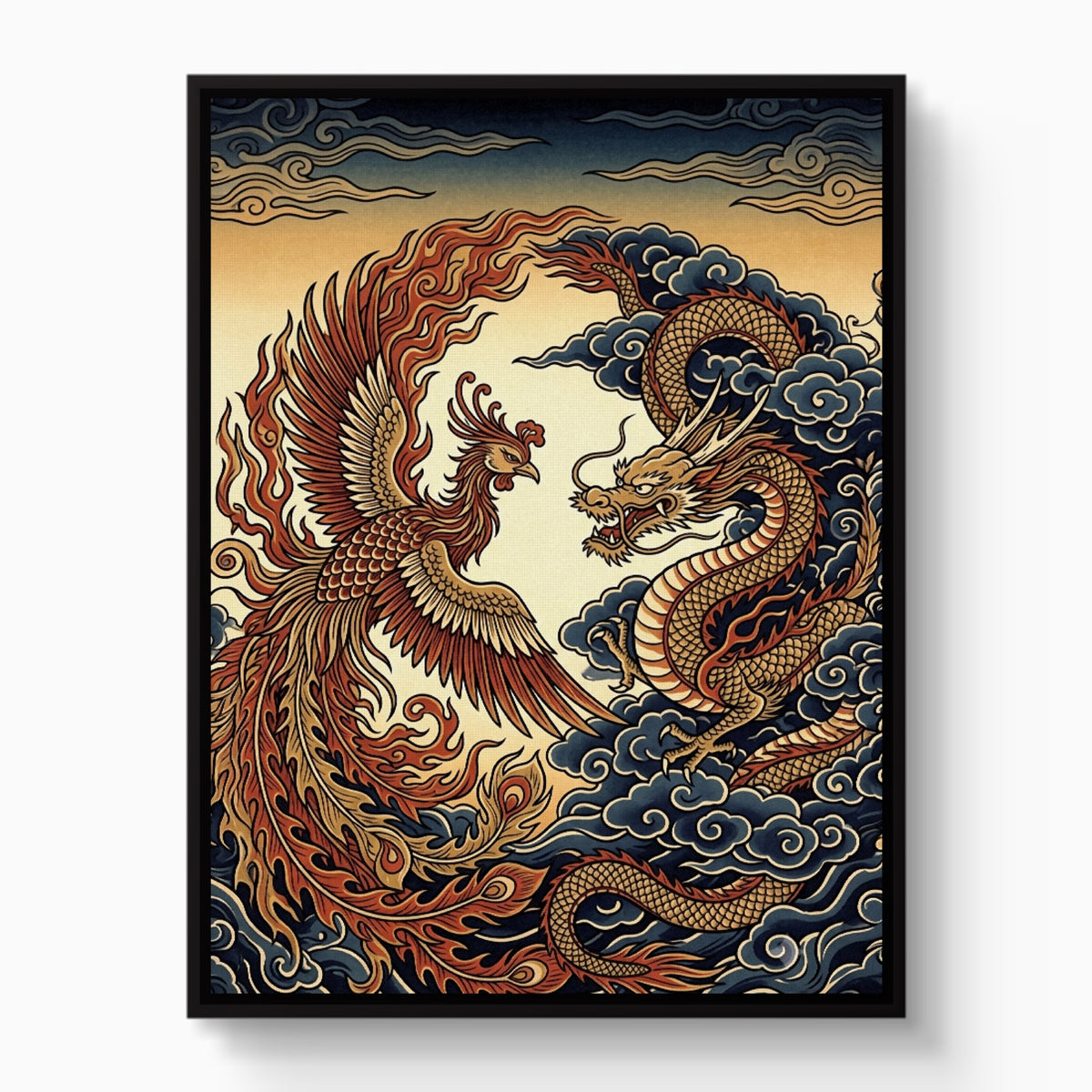 Phoenix Dragon Confront — phoenix dragon confront white studio framed black