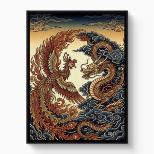 Phoenix Dragon Confront — phoenix dragon confront white studio framed black