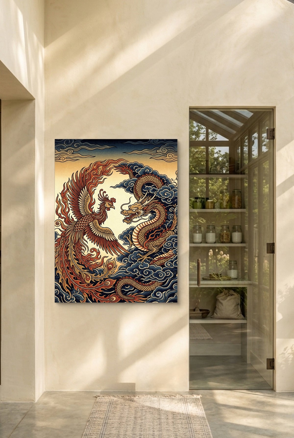 Phoenix Dragon Confront — phoenix dragon confront p interior room with doorway 1port flush print