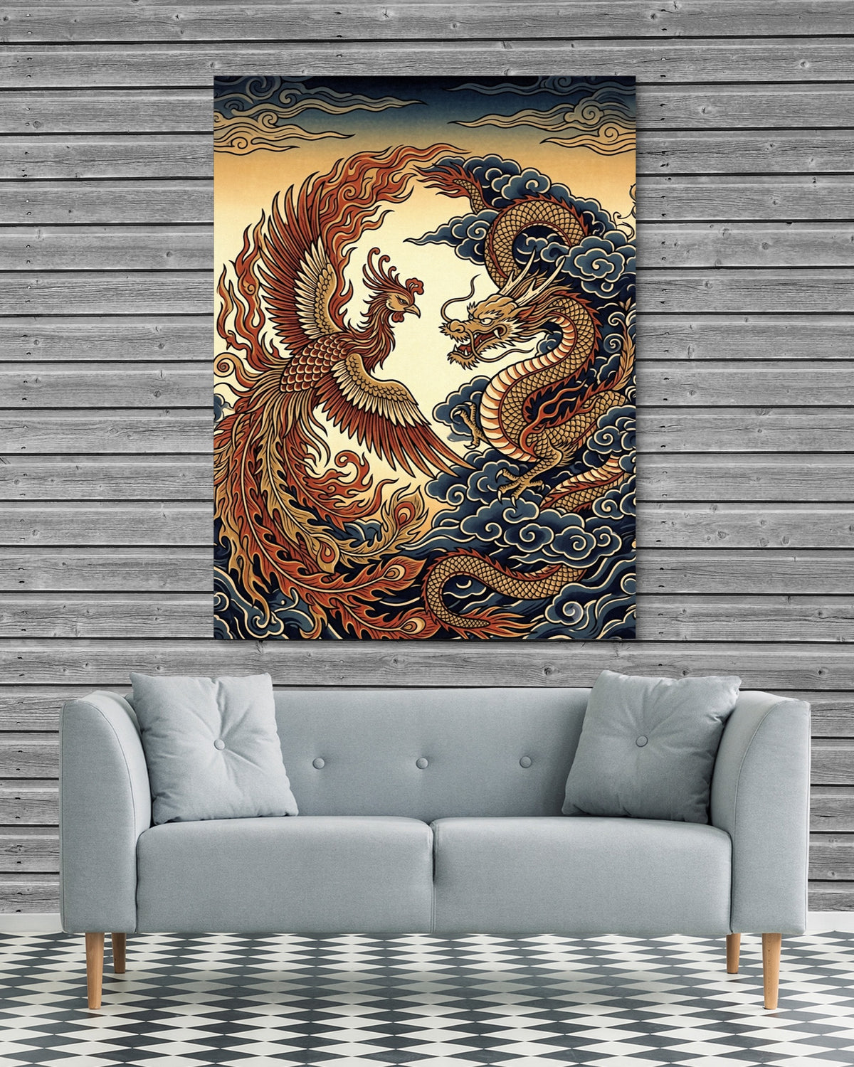 Phoenix Dragon Confront — phoenix dragon confront psd grey wood checkers couch 1port flush print