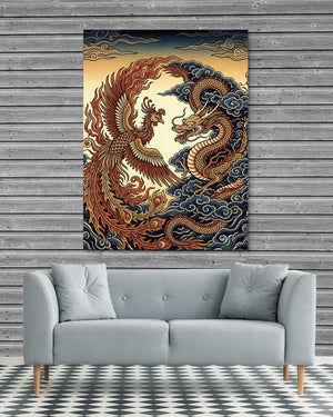 Phoenix Dragon Confront — phoenix dragon confront psd grey wood checkers couch 1port flush print