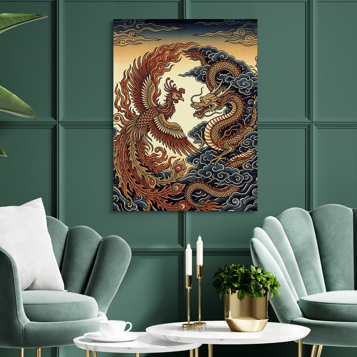 Phoenix Dragon Confront — phoenix dragon confront sq green luxury rom 1port flush print