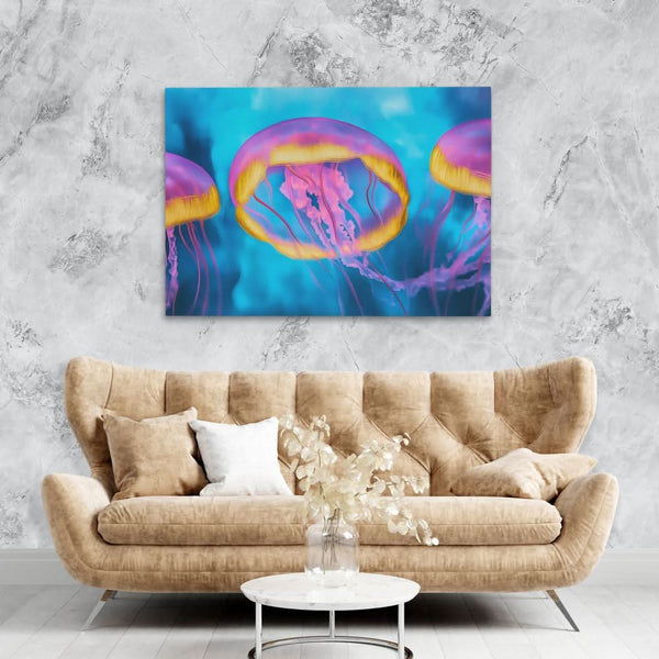 Pink and Blue Jellyfish in a room