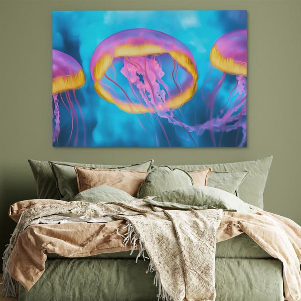 Pink and Blue Jellyfish in a room