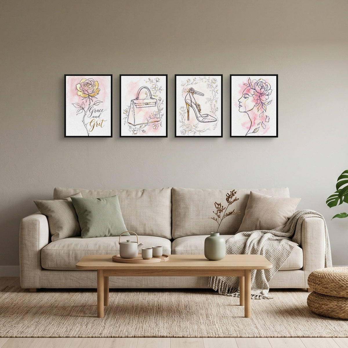 Pink Floral Fashion 4-Piece Set - Luxury Wall Art