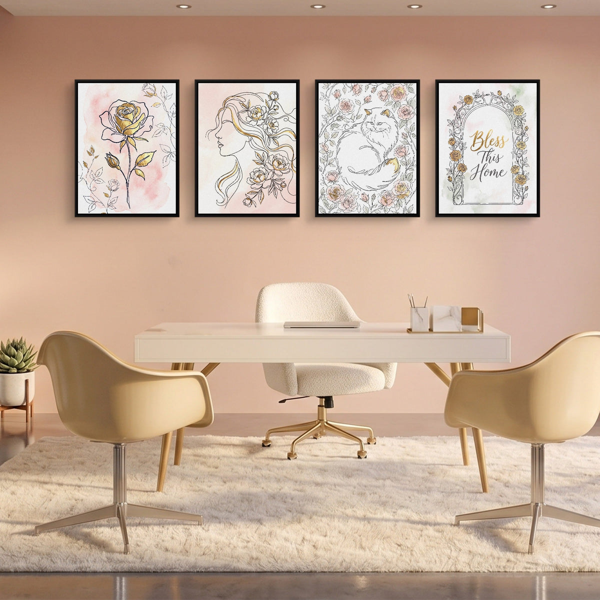 Pink Golden Roses 4-Piece Set - Luxury Wall Art