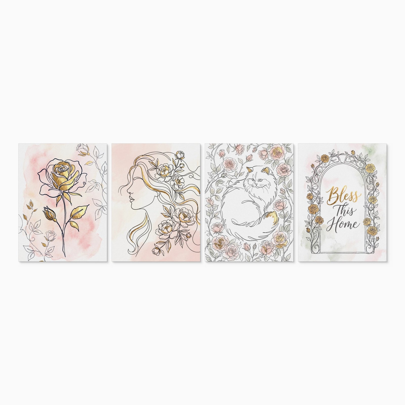 Pink Golden Roses 4-Piece Set - Luxury Wall Art