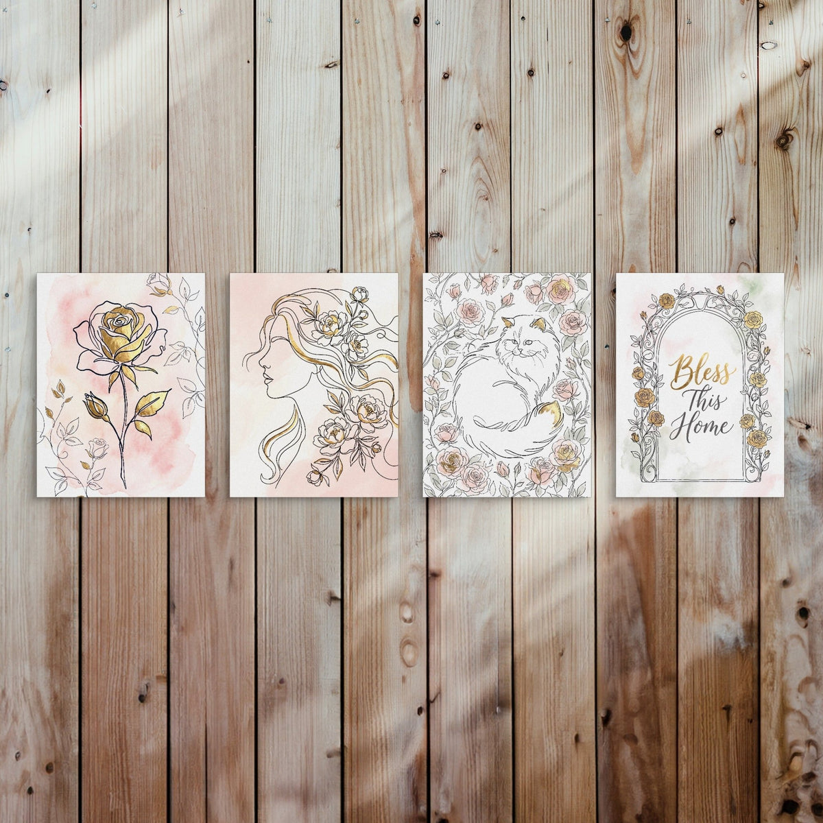 Pink Golden Roses 4-Piece Set - Luxury Wall Art