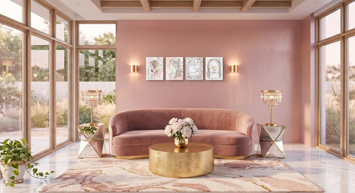 Pink Golden Roses 4-Piece Set - Luxury Wall Art
