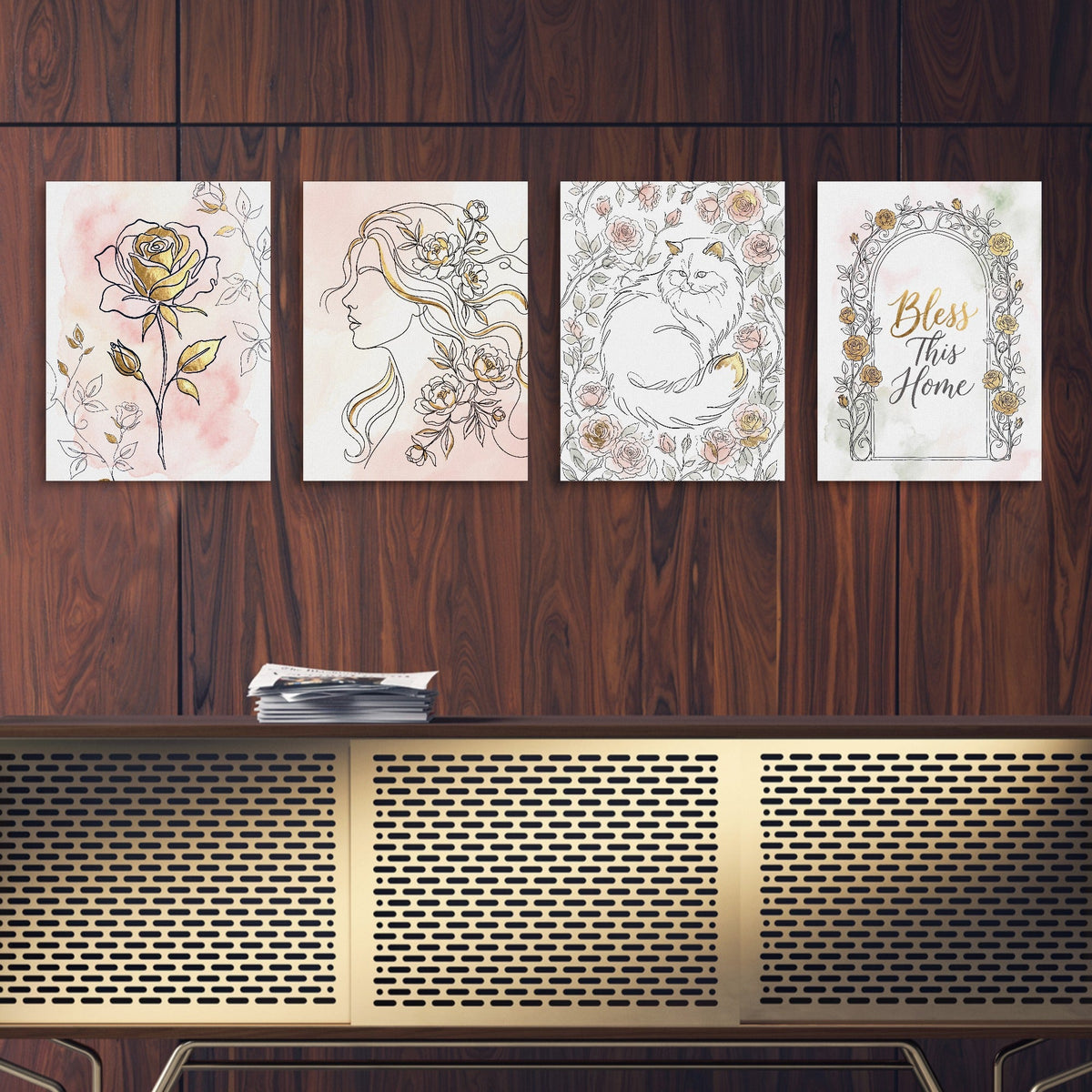 Pink Golden Roses 4-Piece Set - Luxury Wall Art
