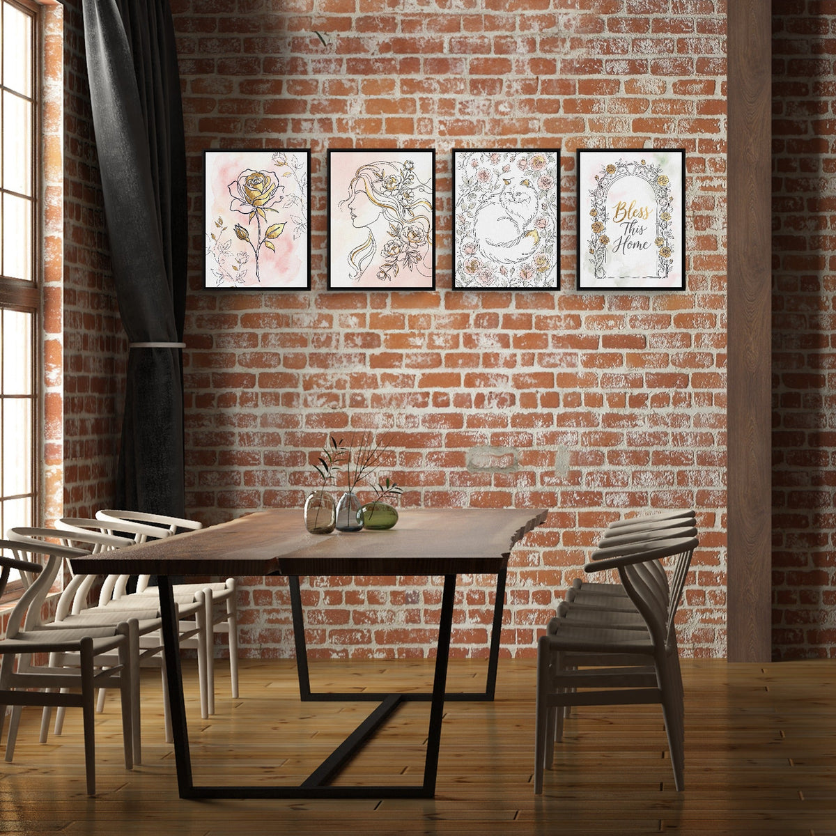 Pink Golden Roses 4-Piece Set - Luxury Wall Art