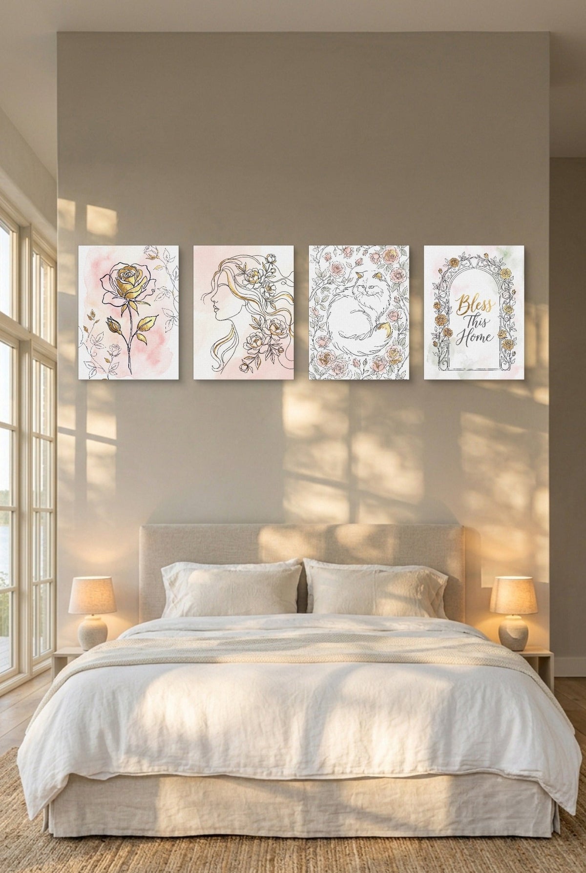 Pink Golden Roses 4-Piece Set - Luxury Wall Art