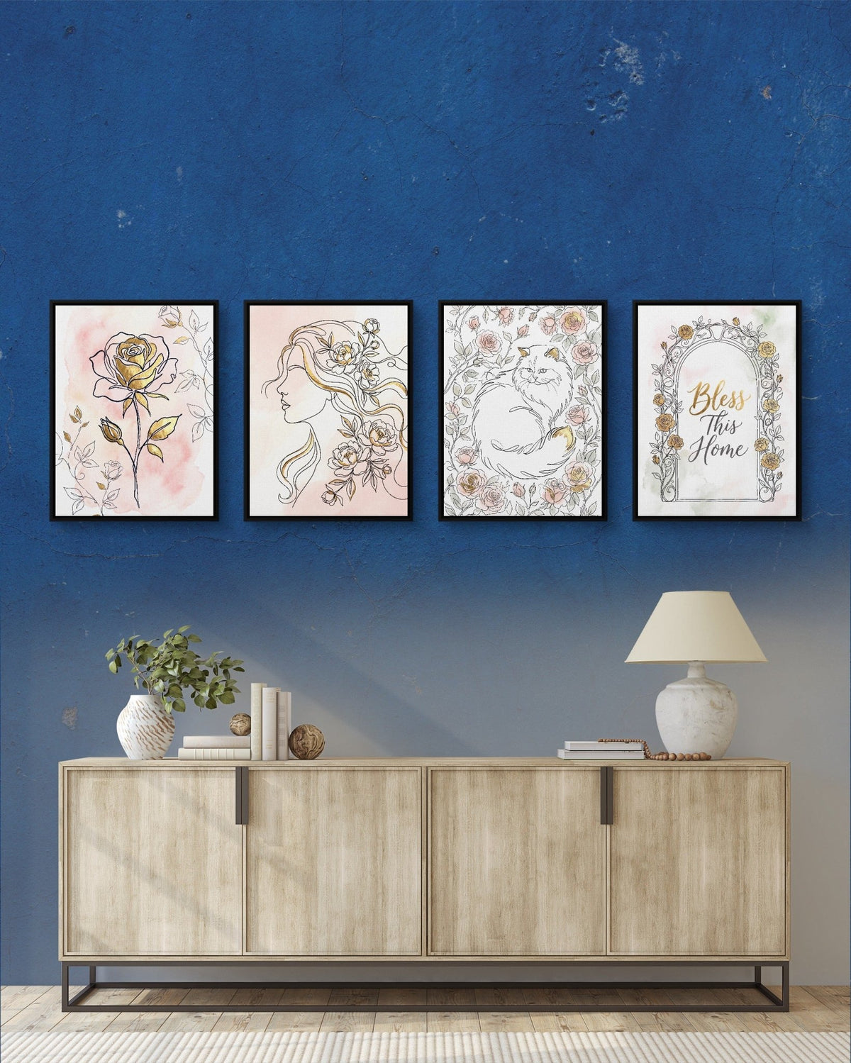 Pink Golden Roses 4-Piece Set - Luxury Wall Art