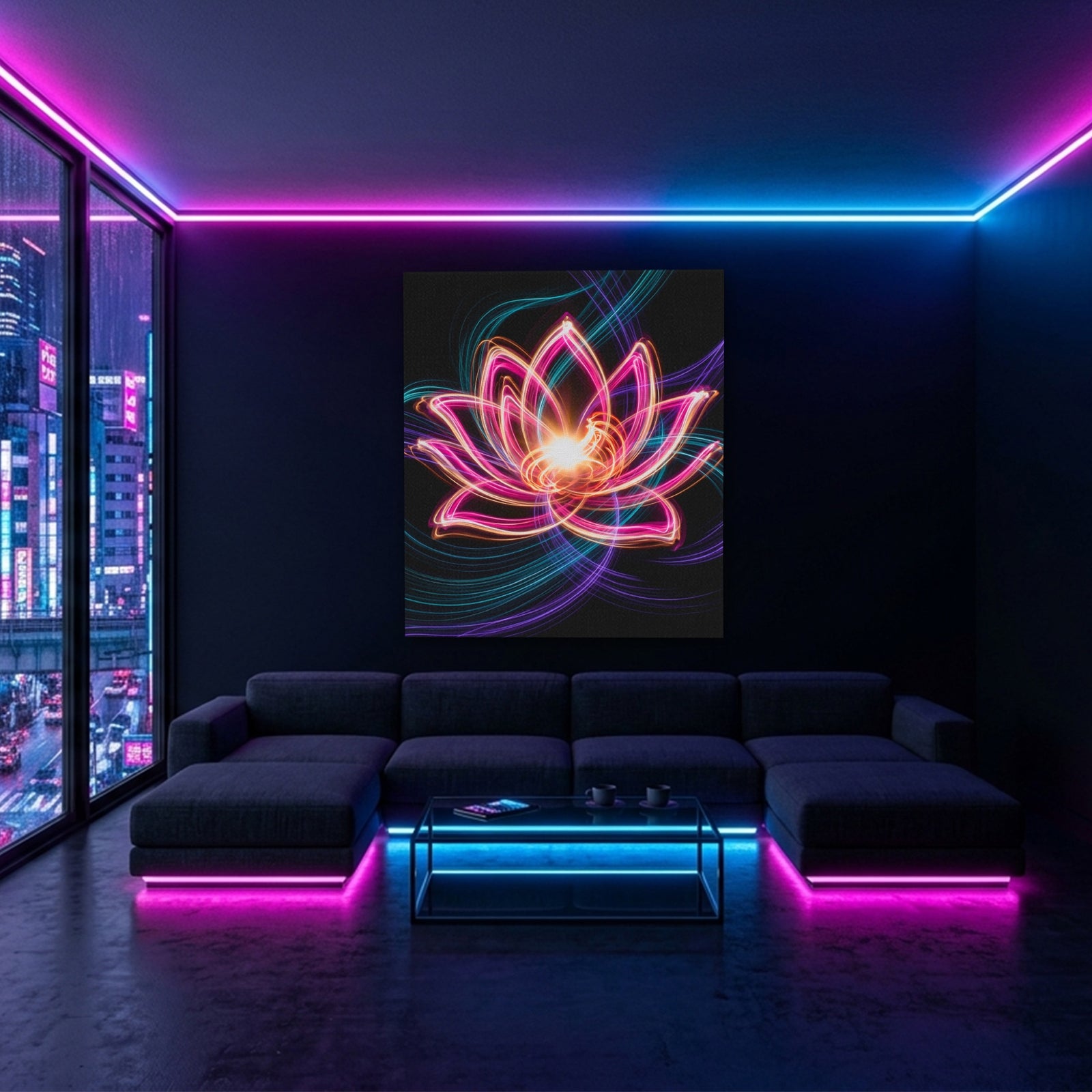 Pink Lotus Neon canvas wall art