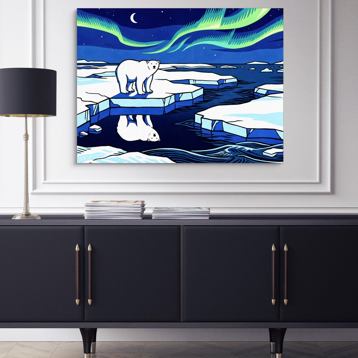 Polar Bear Aurora — polar bear aurora sq blue cabinet 1land flush print