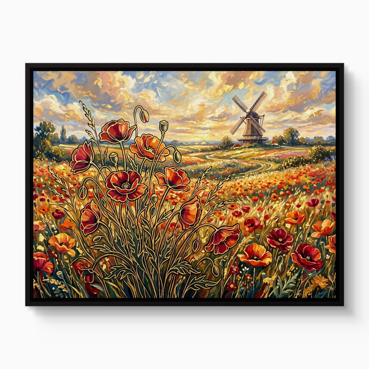Poppies Golden Windmill — poppies golden windmill white studio framed black
