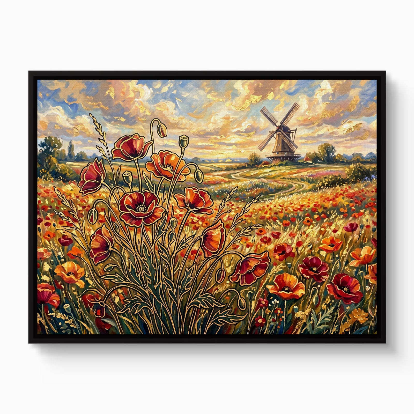 Poppies Golden Windmill — poppies golden windmill white studio framed black
