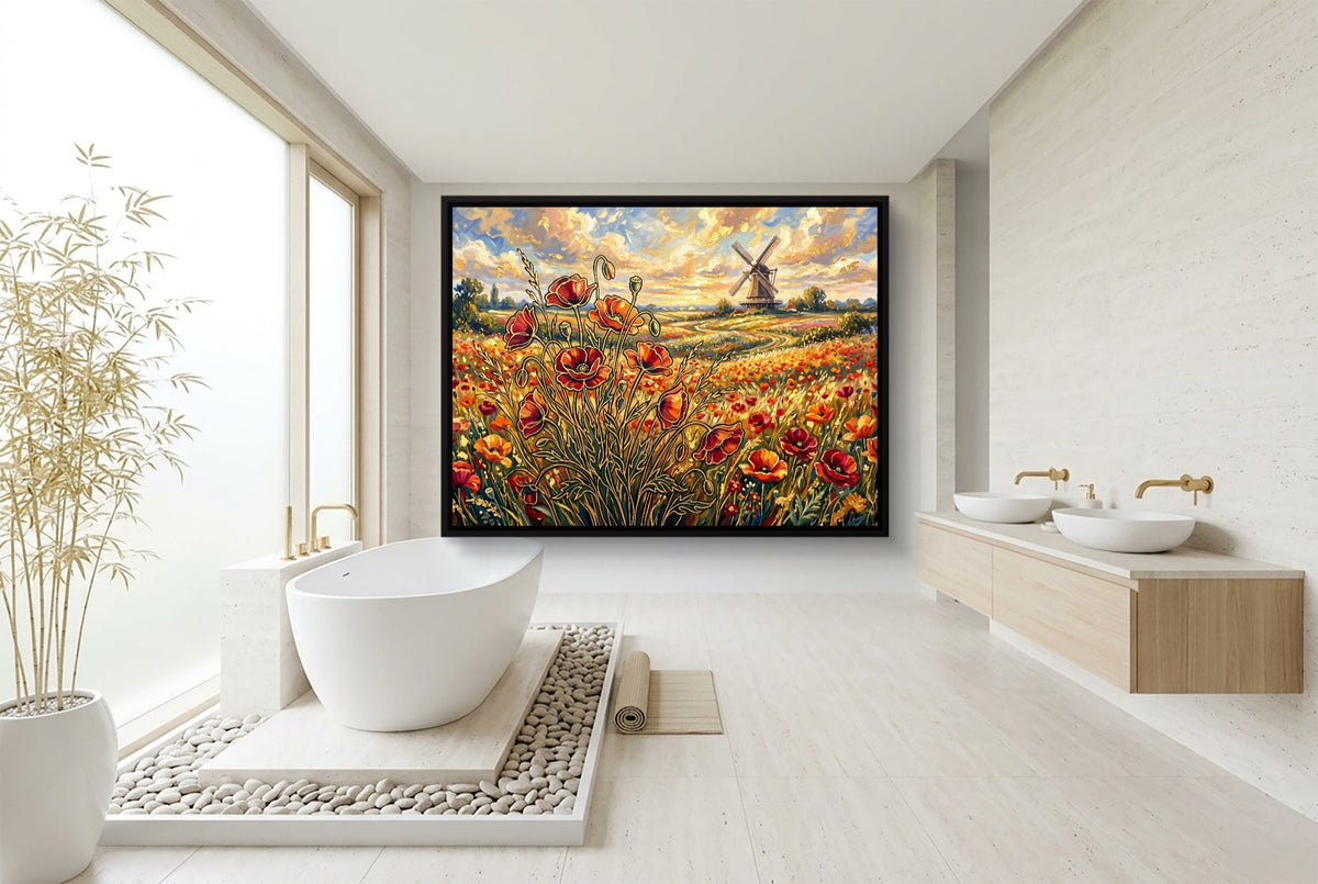 Poppies Golden Windmill — poppies golden windmill bathroom interior with tub 1land framed black