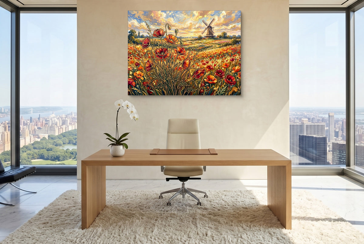Poppies Golden Windmill — poppies golden windmill office with city view 5 1land flush print