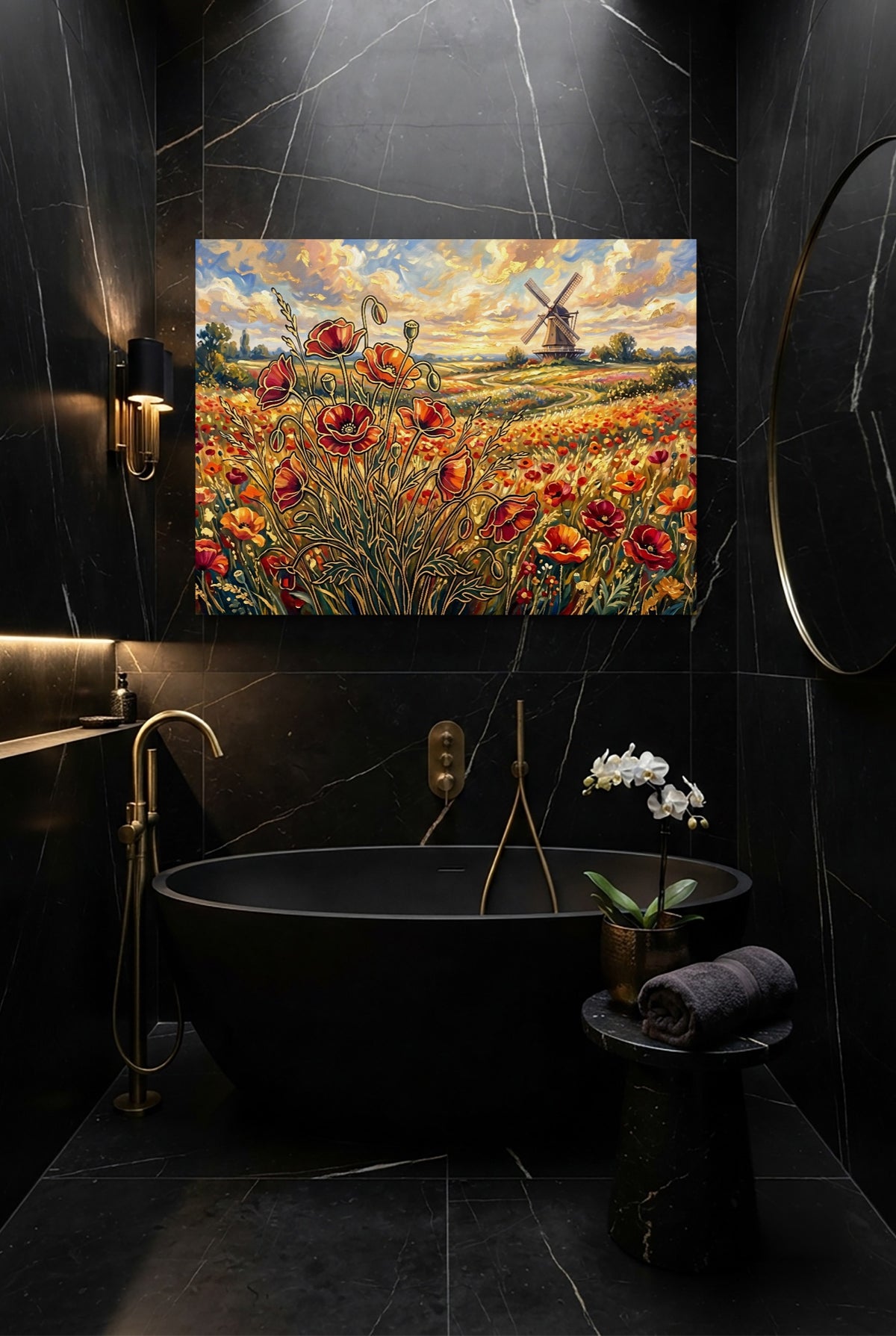 Poppies Golden Windmill — poppies golden windmill p small bathroom interior 1land flush print