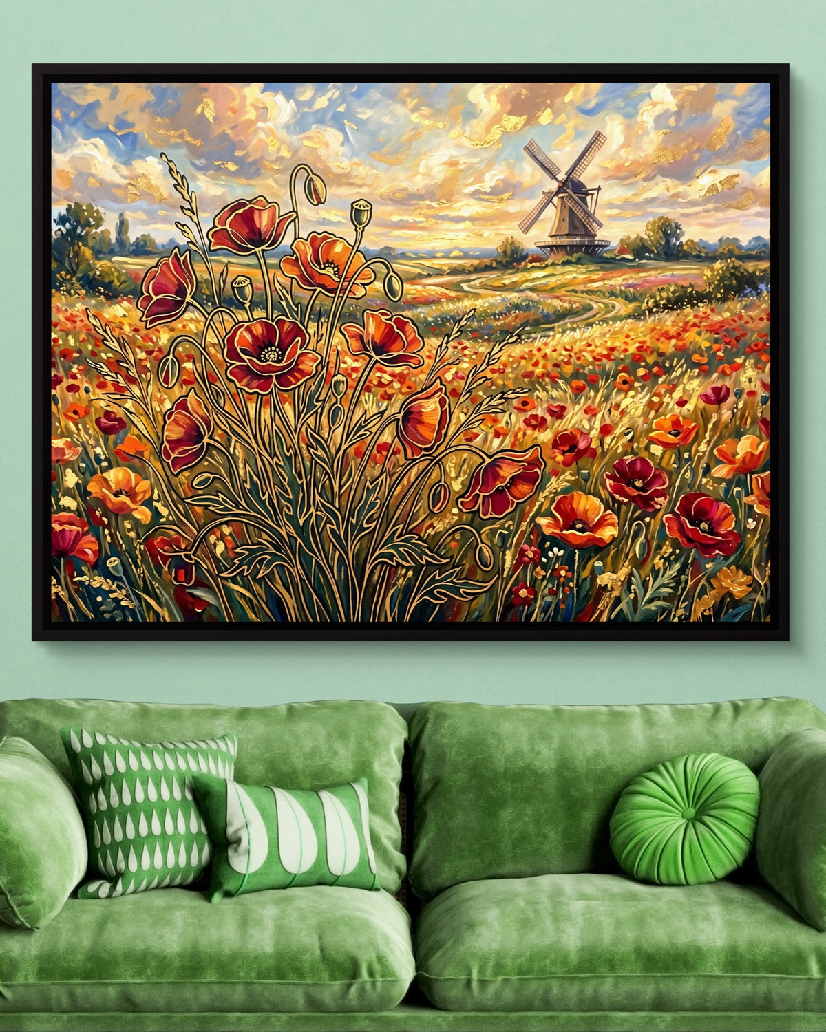 Poppies Golden Windmill — poppies golden windmill psd light green couch 1land framed black