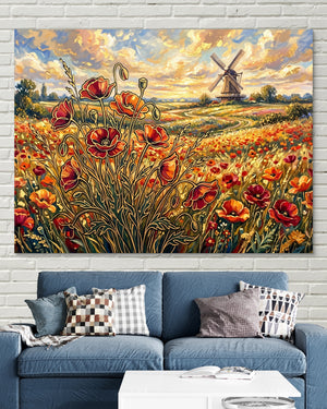 Poppies Golden Windmill — poppies golden windmill psd white bricks blue couch 1land flush print