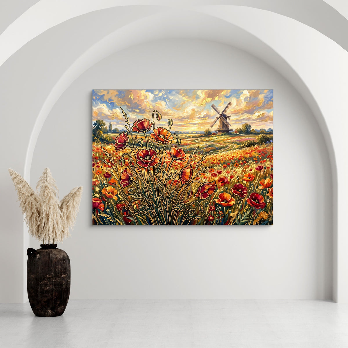 Poppies Golden Windmill — poppies golden windmill sq white wall 1land flush print