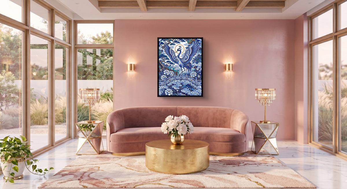 Porcelain Sky Crane — porcelain sky crane pink living room 1port framed black