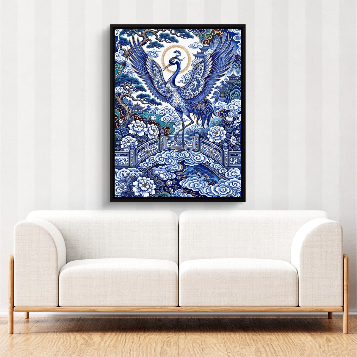 Porcelain Sky Crane — porcelain sky crane sq cute couch cbrown couch 1port framed black