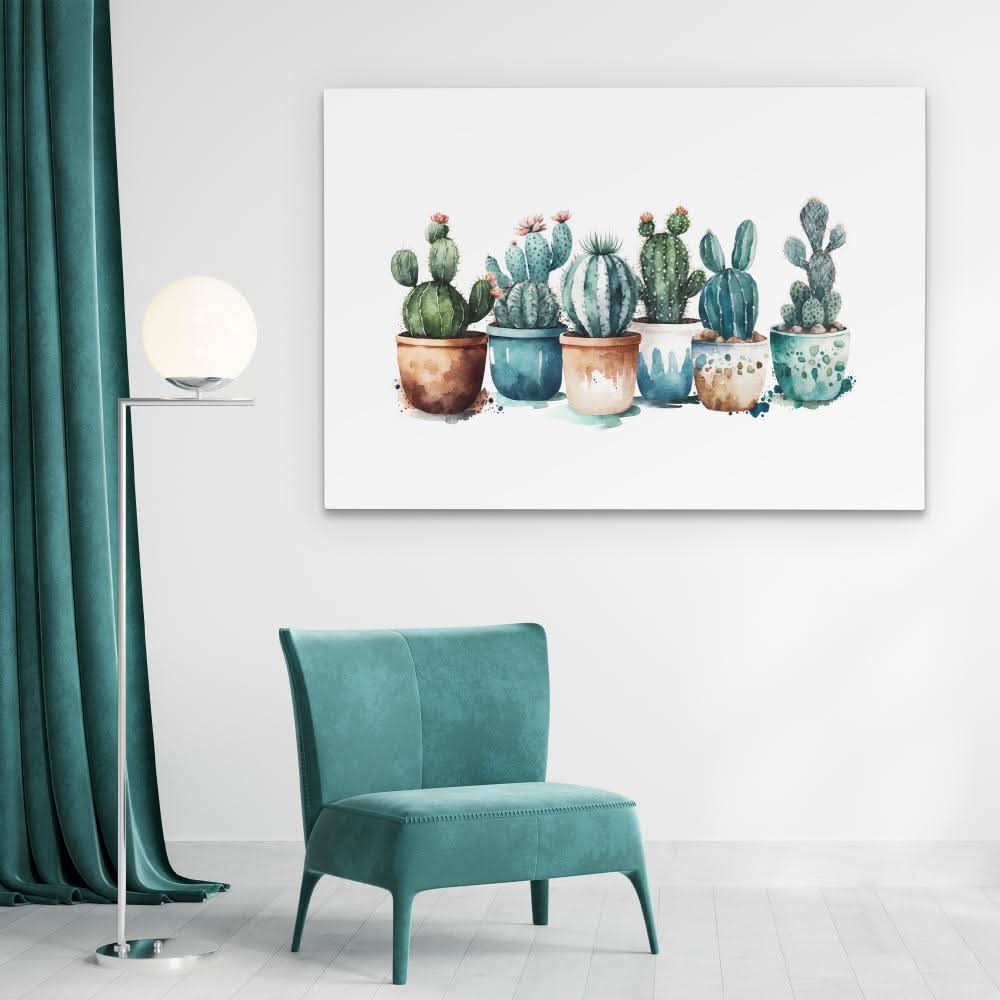 Potted Cacti Plants - Minimalist Wall Art in Black Frame