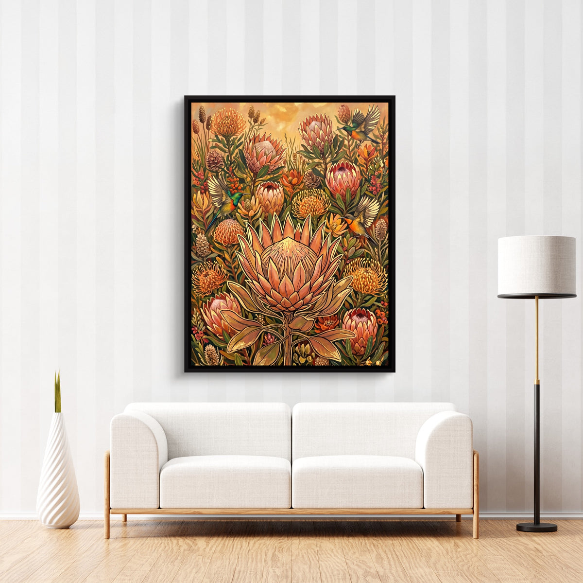 Protea Sunbird Garden — protea sunbird garden sq striped wall luxe 1port framed black