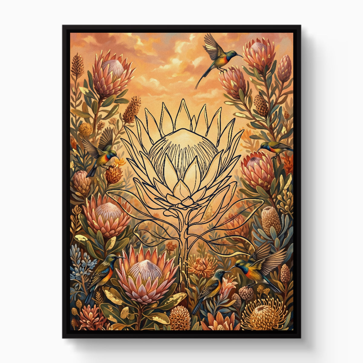 Protea Sunbird Sunrise — protea sunbird sunrise white studio framed black