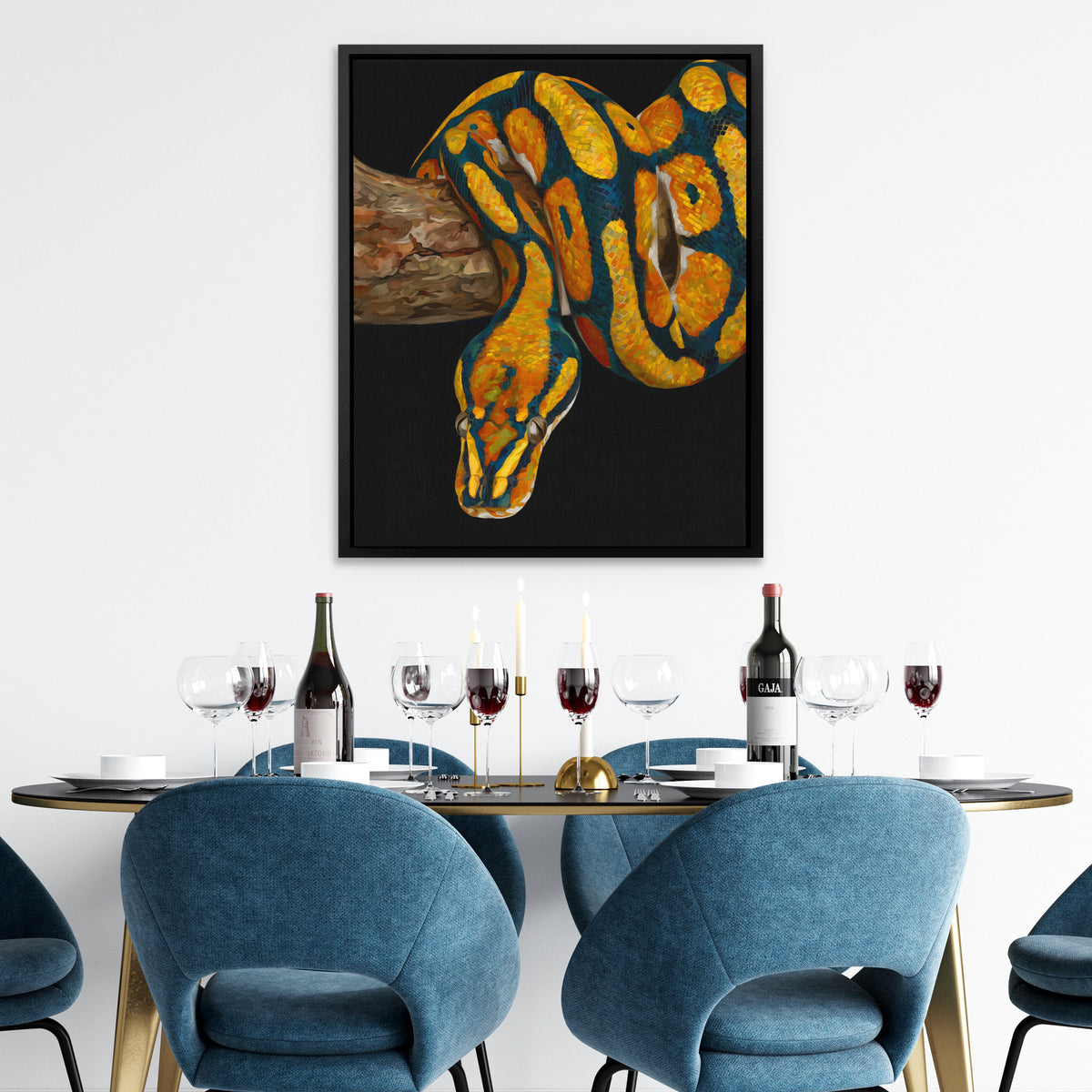 Python's Golden Coil - Horizontal Wall Art in Black Frame