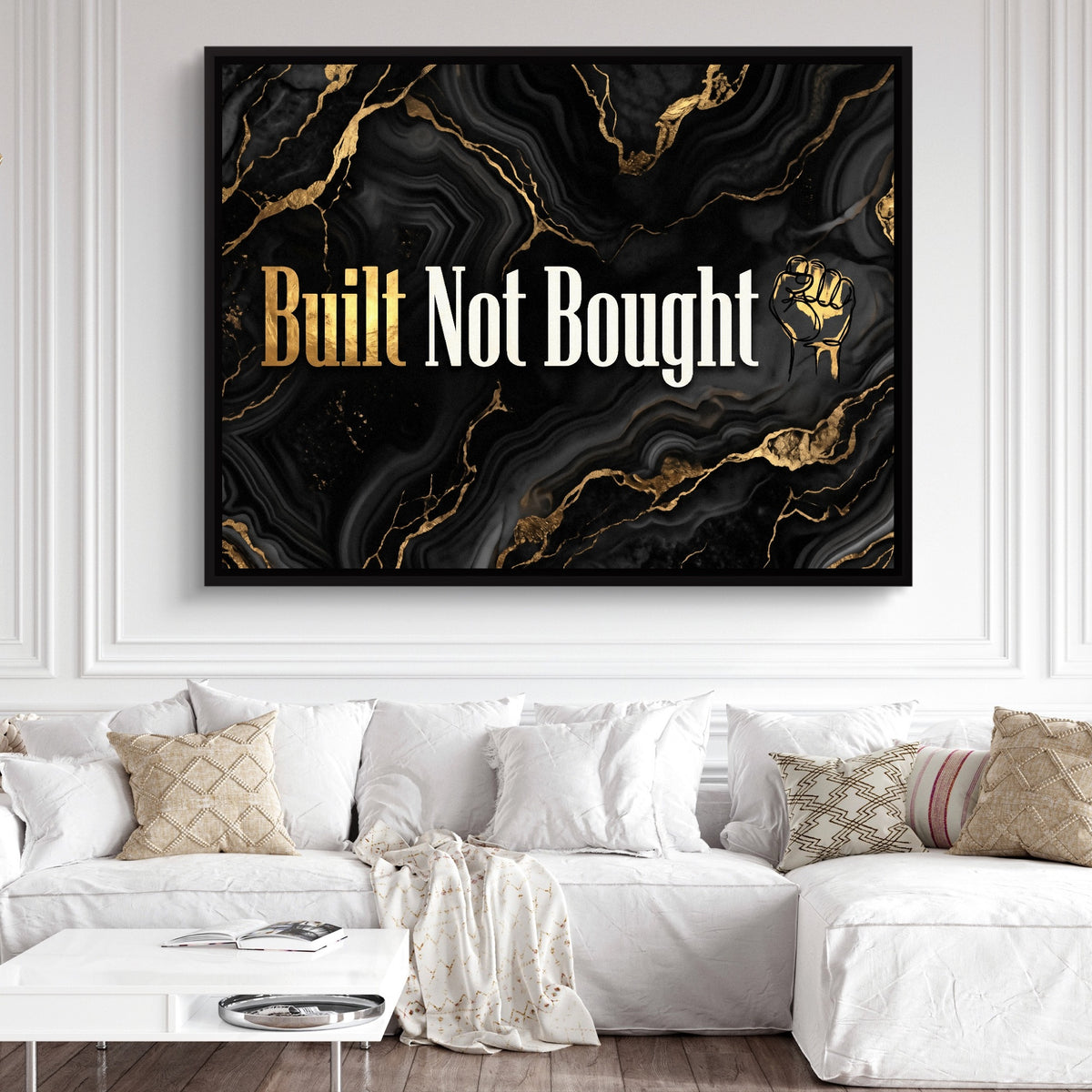 Quote Built Not Bought — quote built not bought sq white couch and wall 1land framed black
