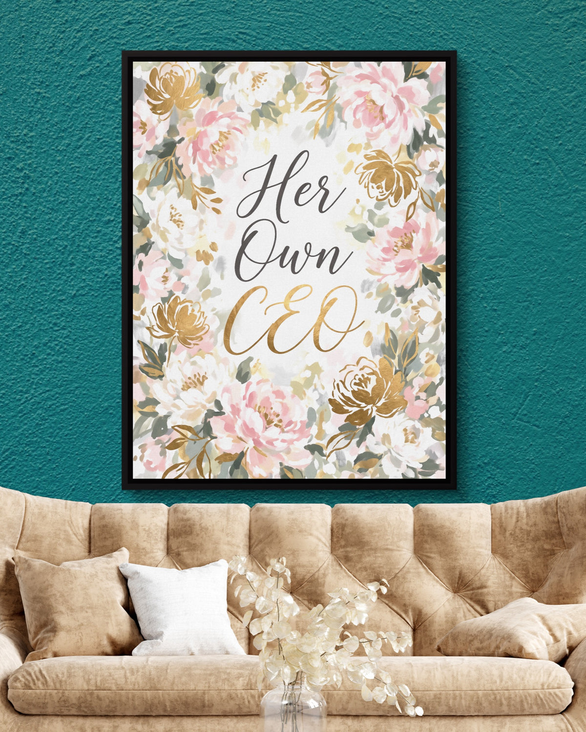 Quote Her Own CEO V2 — quote her own ceo v2 psd teal wall tan couch 1port framed black