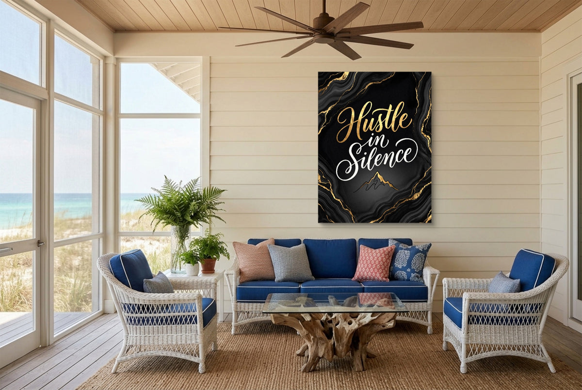 Quote Hustle In Silence — quote hustle in silence living room with couch 2 1port flush print