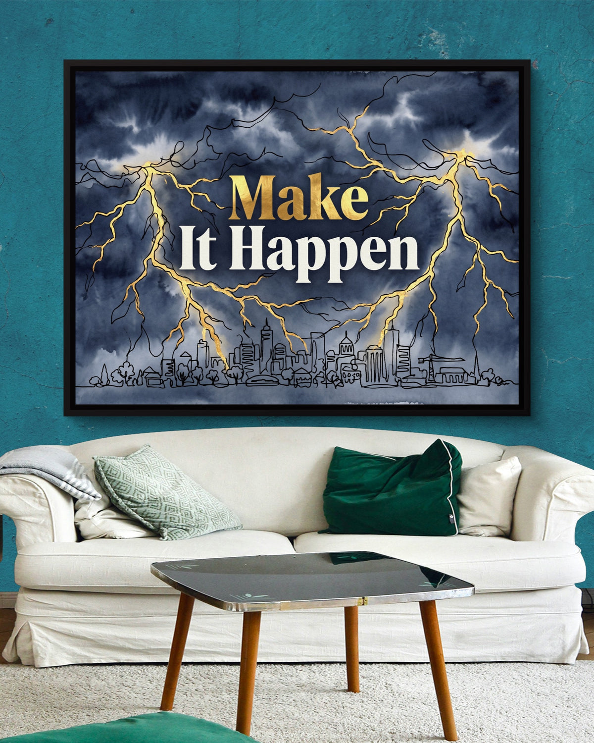 Quote Make It Happen V2 — quote make it happen v2 psd aqua wall white couch 1land framed black