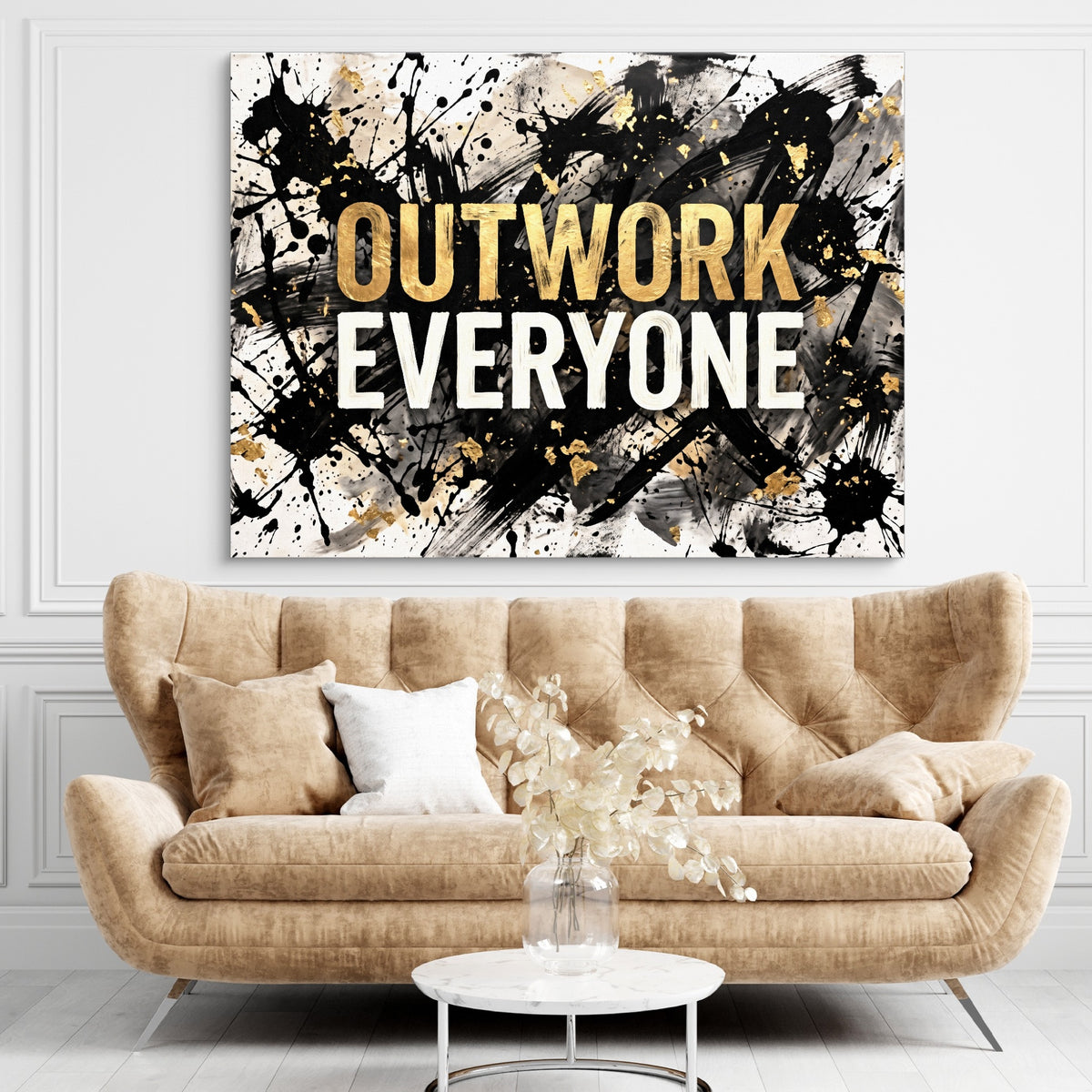 Quote Outwork Everyone V2 — quote outwork everyone v2 sq brown living room 1land flush print