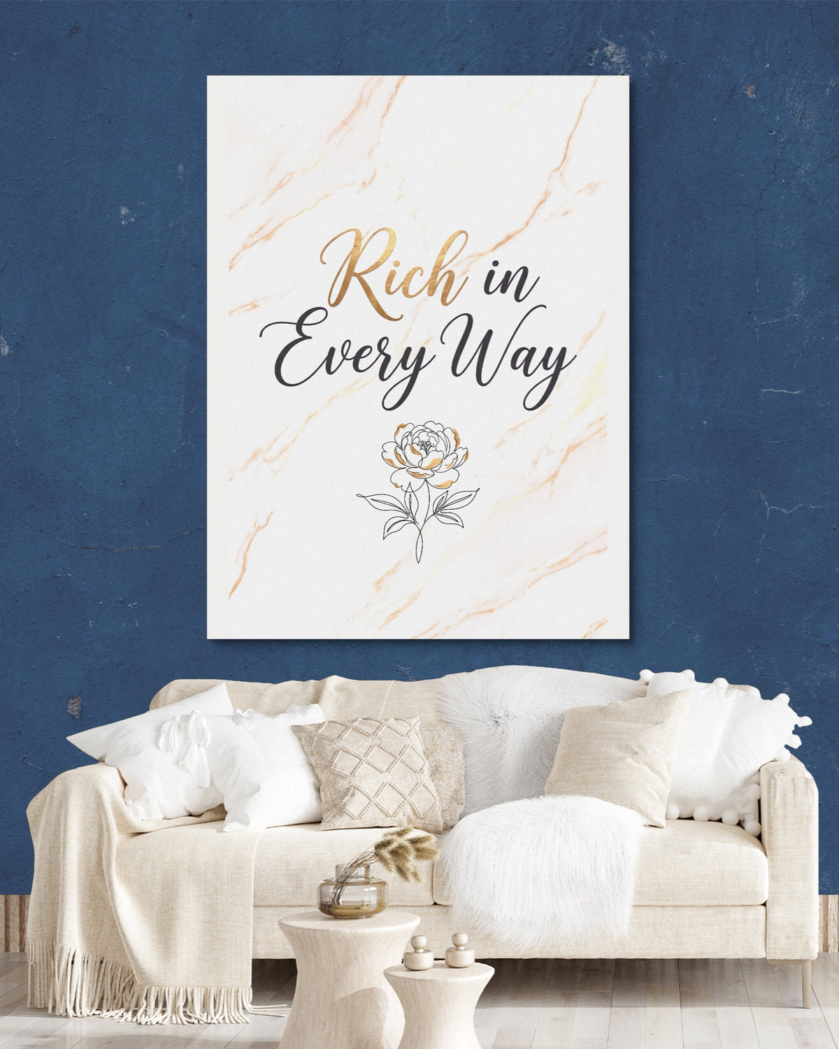 Quote Rich In Every Way — quote rich in every way psd navy wall white lux couch 1port flush print