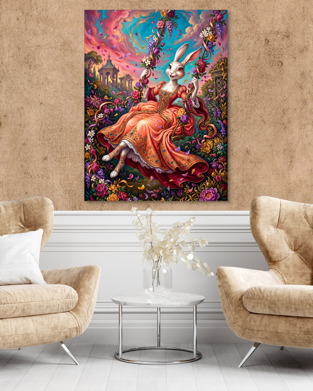Rabbit Garden Swing — rabbit garden swing psd clay wall tan chairs 1port flush print