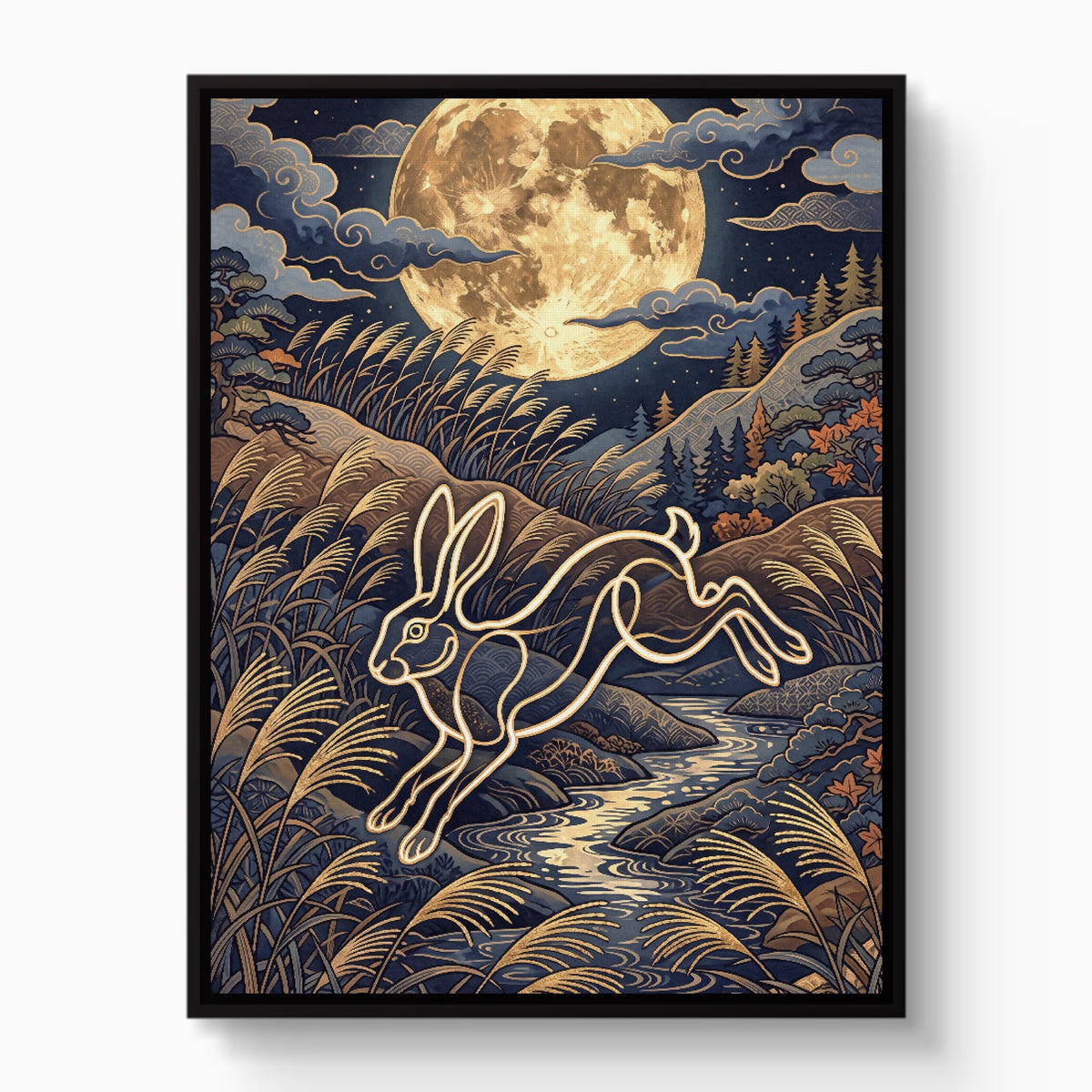 Rabbit Leaping Stream — rabbit leaping stream white studio framed black