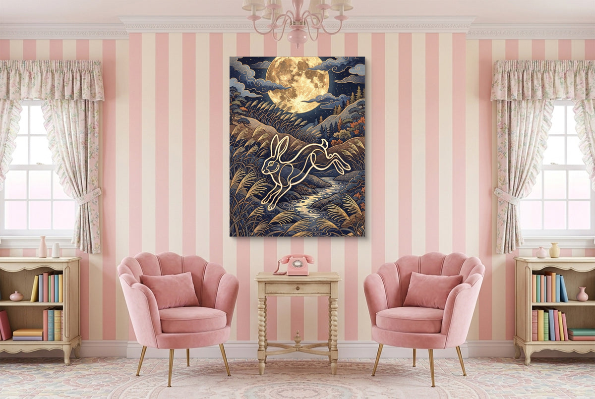 Rabbit Leaping Stream — rabbit leaping stream pink living room interior 1port flush print