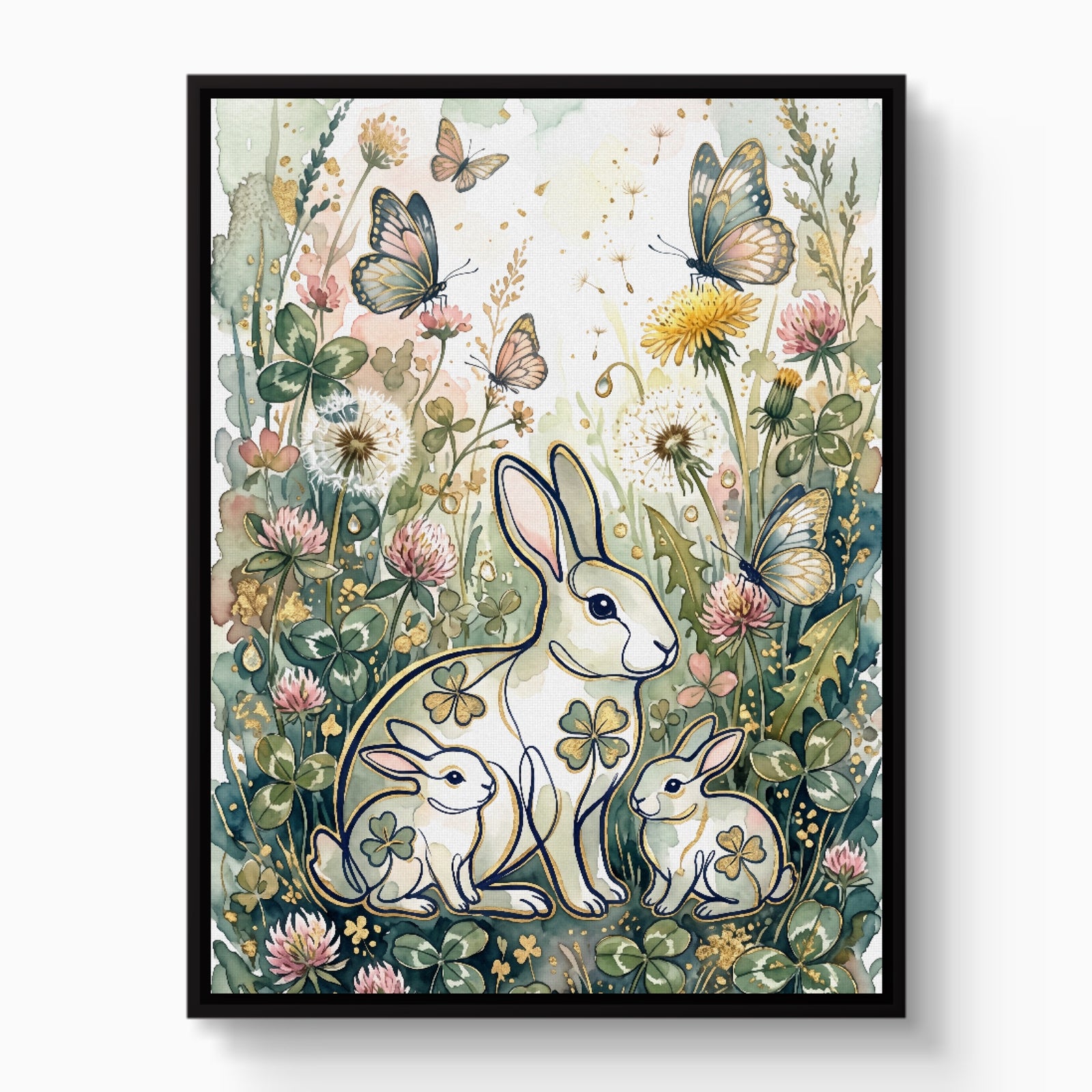 Rabbits Clover Meadow — rabbits clover meadow white studio framed black