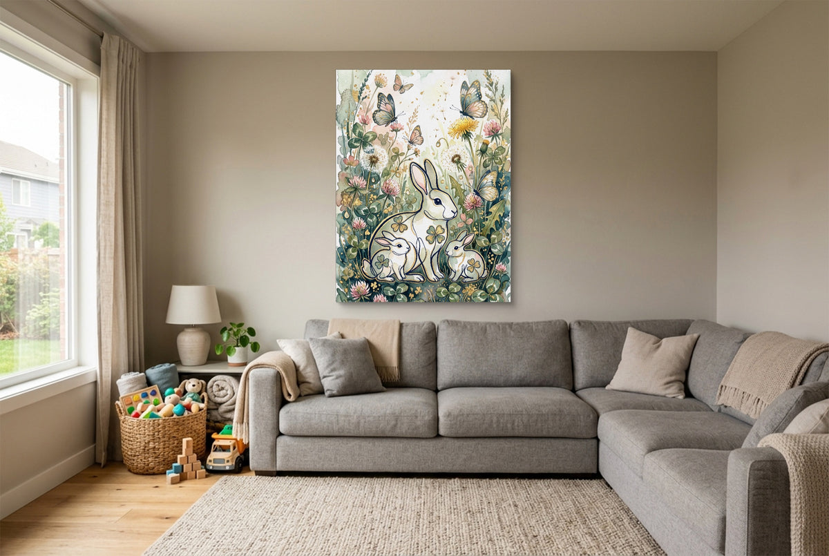 Rabbits Clover Meadow — rabbits clover meadow living room with sectional sofa 1port flush print