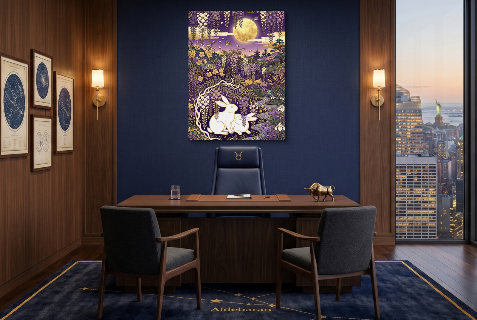 Rabbits Golden Night — rabbits golden night white studio framed black