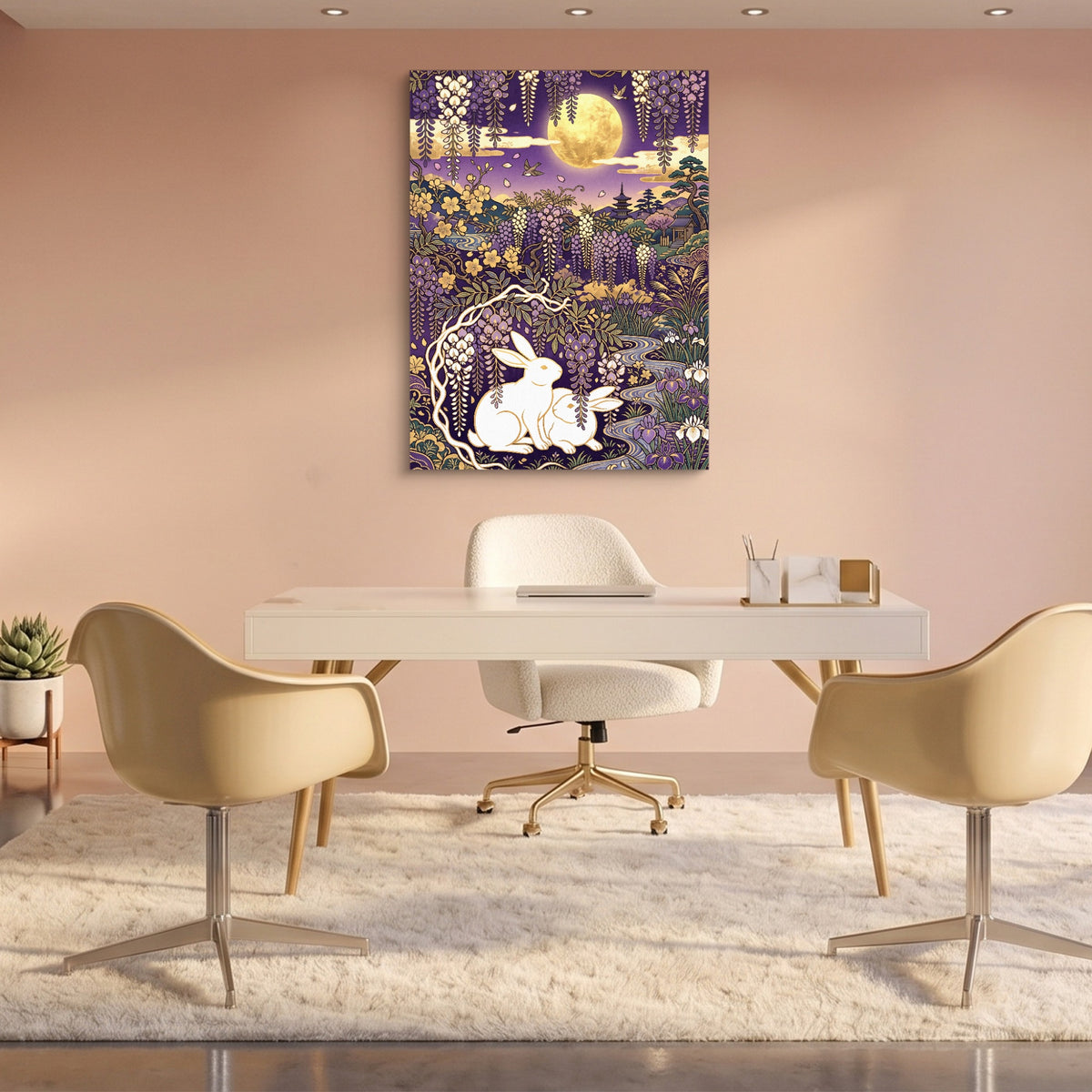 Rabbits Golden Night — rabbits golden night sq pink office 1port flush print
