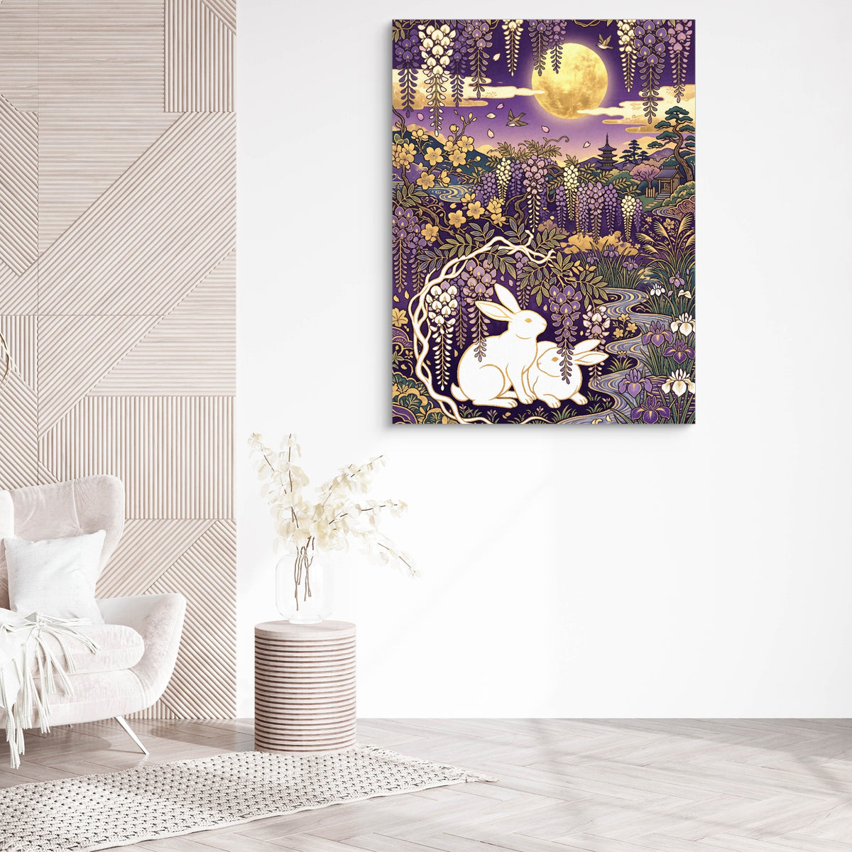 Rabbits Golden Night — rabbits golden night sq white chair wall 1port flush print