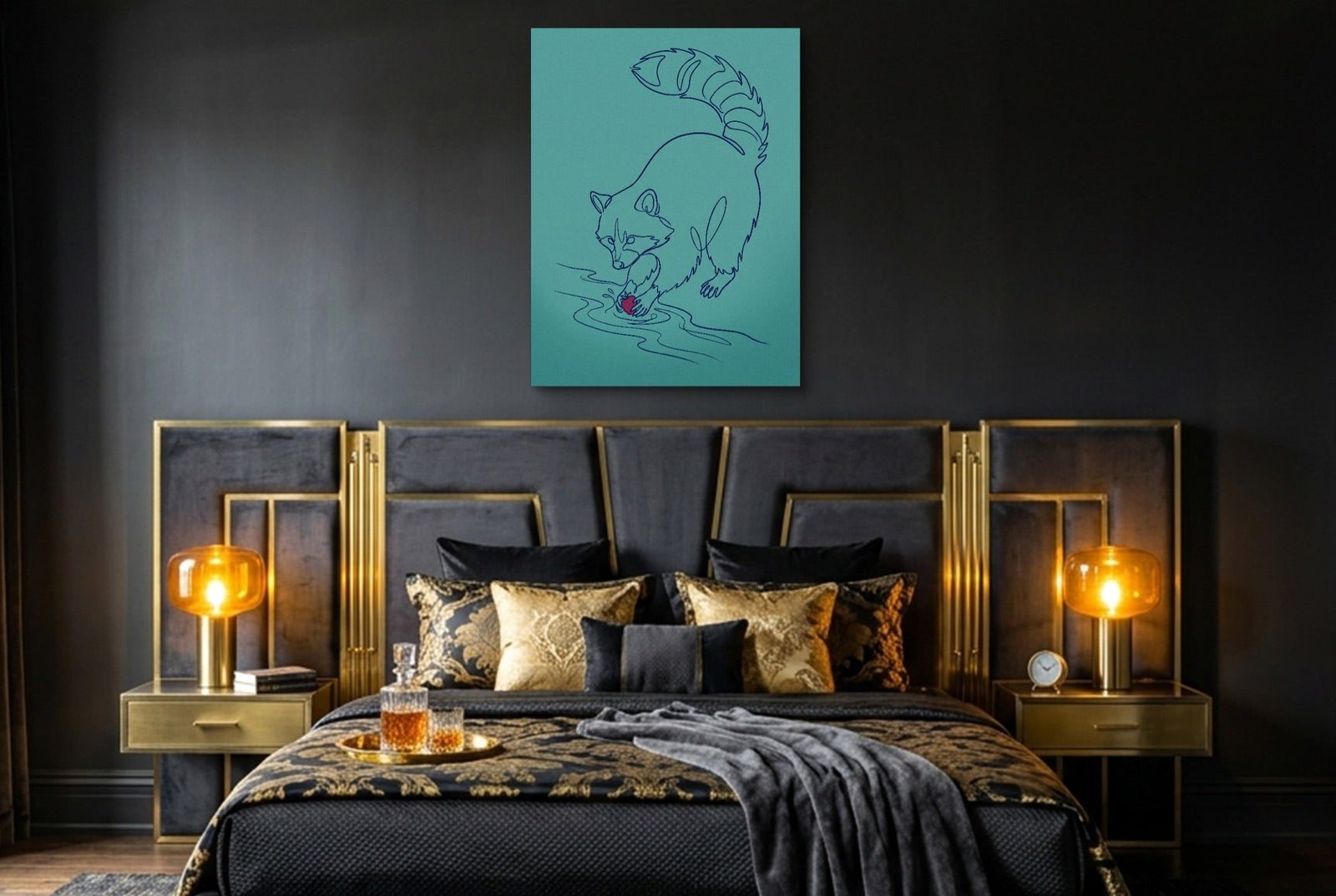 Raccoon Line Art — raccoon line art white studio framed black