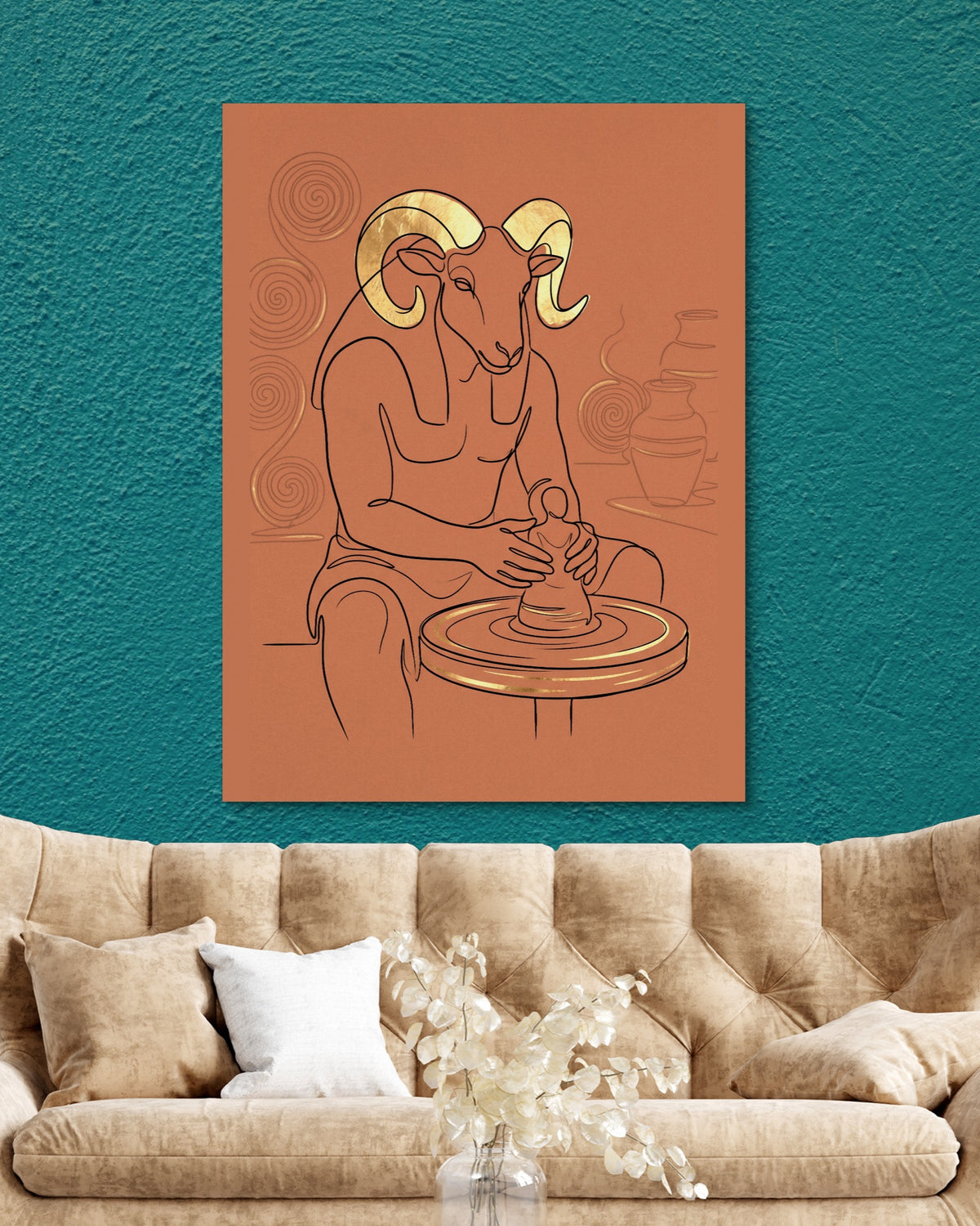 Ram Golden Potter — ram golden potter psd teal wall tan couch 1port flush print
